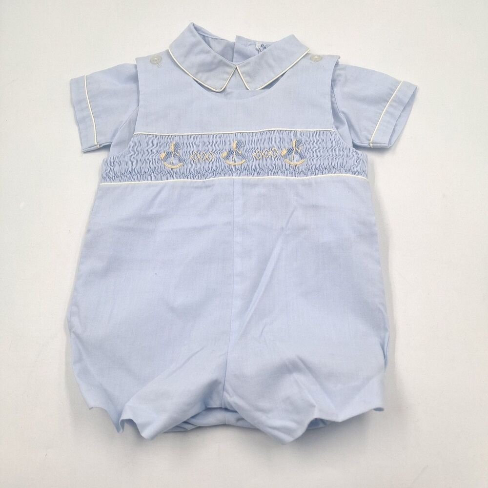 Vintage Carriage Boutiques 12M Smocked Rocking Horse Romper Blue